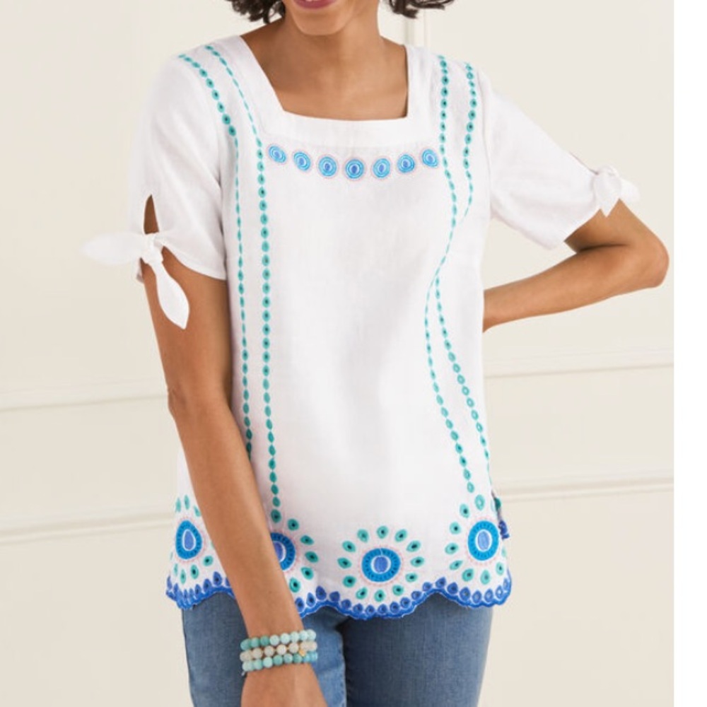 Talbots LINEN EMBROIDERED SQUARE NECK TOP Size L